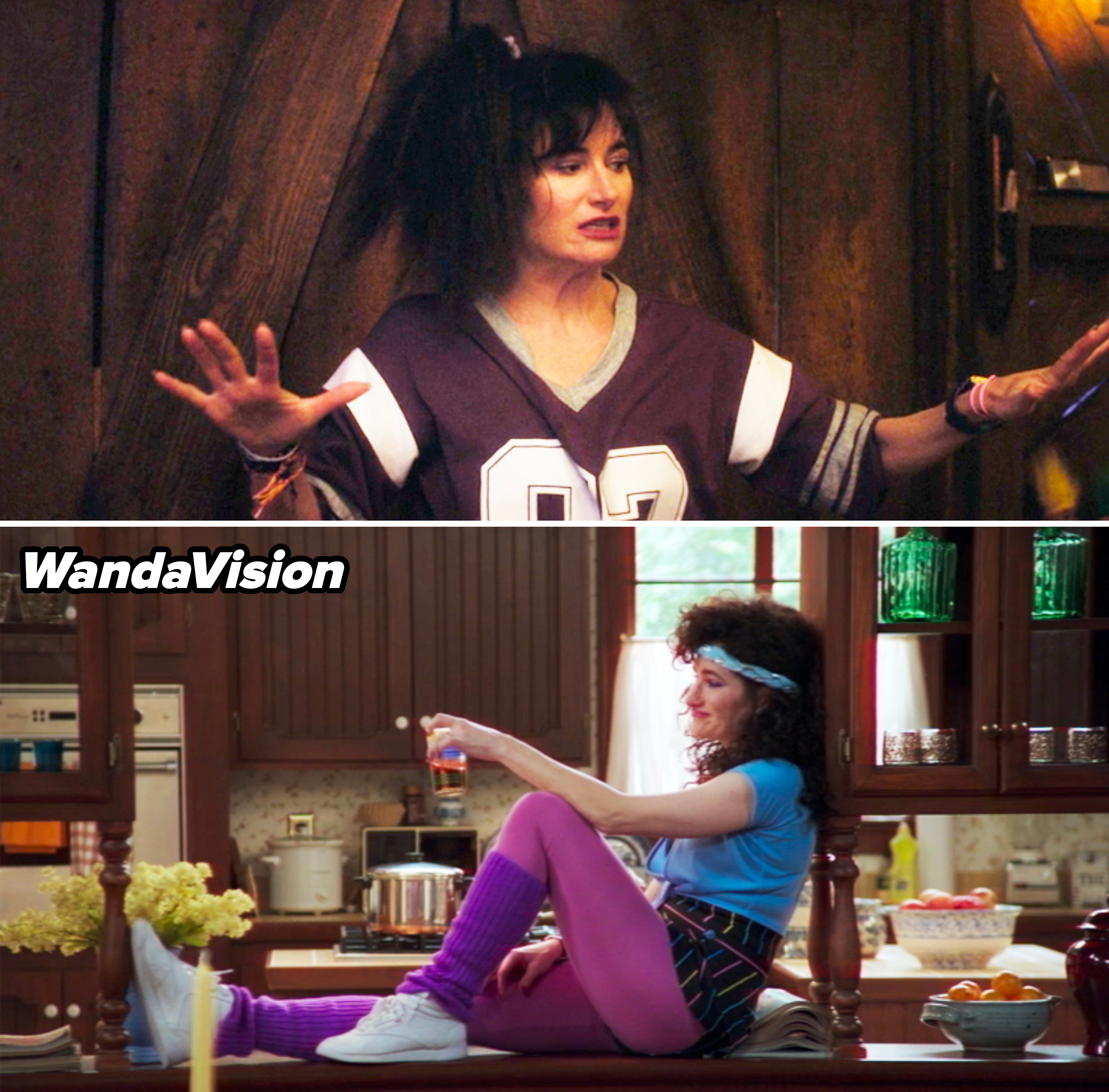 Agatha in Episode 5 of Agatha All Along vs Agatha in Episode 5 of WandaVision, both wearing '80s outfits
