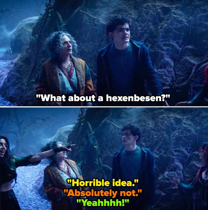 Teen suggesting a hexenbesen and various members of the coven objecting, with Rio saying "Yeah"