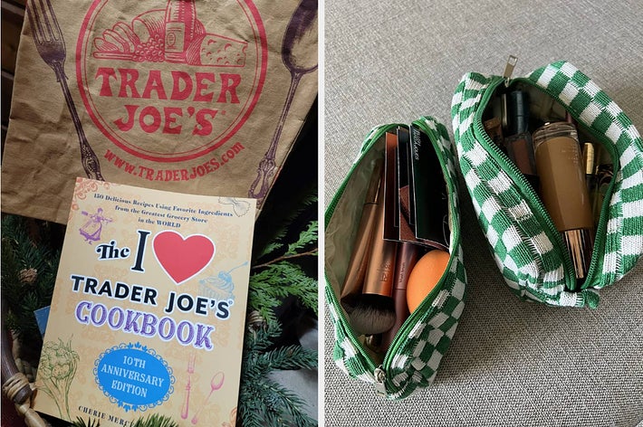 Trader Joe's Cookbook next to a Trader Joe's bag and checked cosmetic bags with brushes and makeup inside