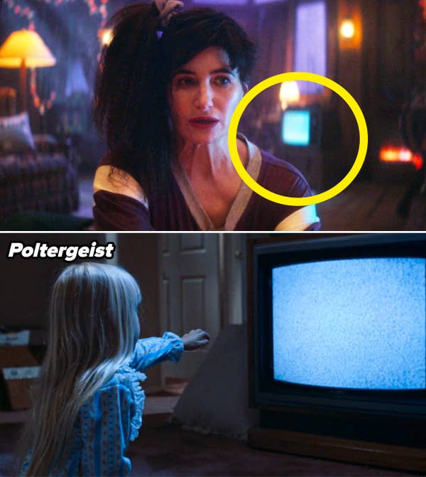 Agatha sitting in front of a TV with static in the background vs a scene from Poltergeist with Carole Anne reaching for the TV