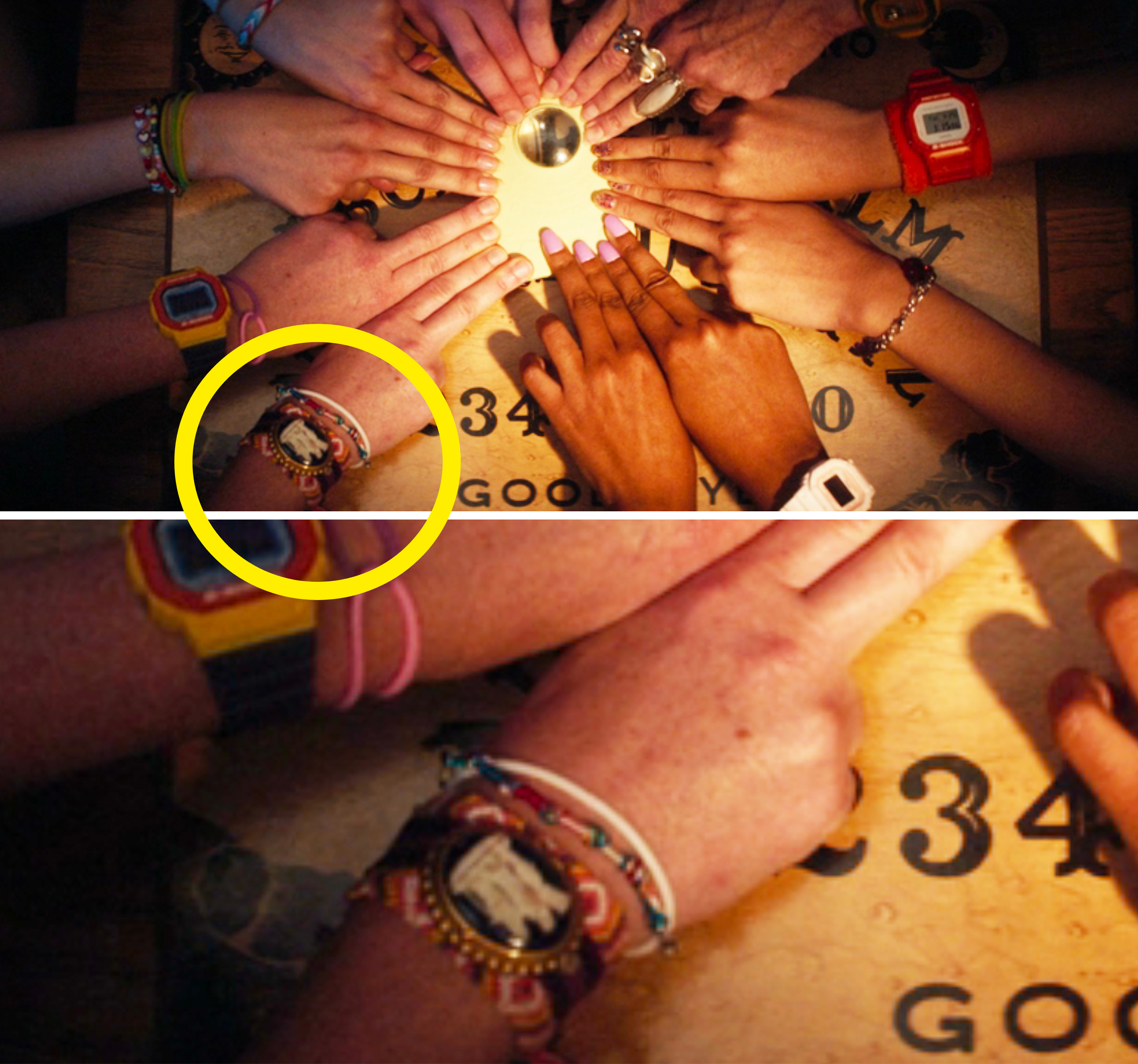 Hands gathered around an Ouija board with fingers on the planchette, various watches and bracelets visible