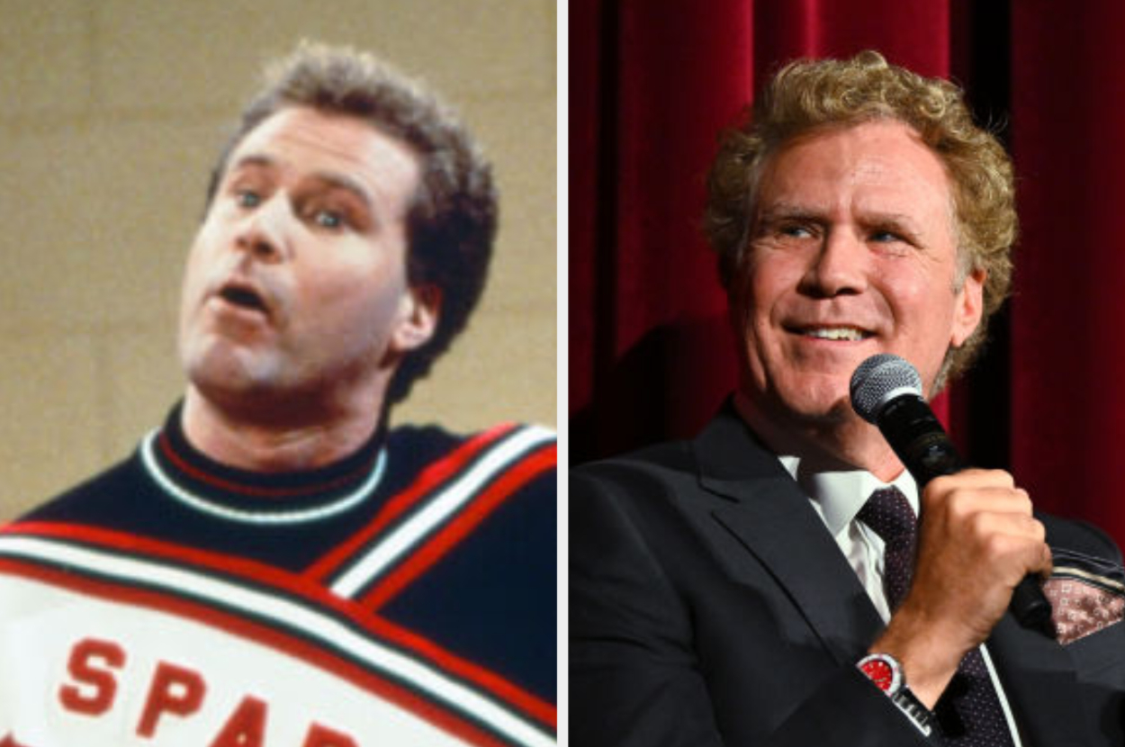 Left: Will Ferrell in a cheerleader costume. Right: Will Ferrell in a suit on stage with a microphone