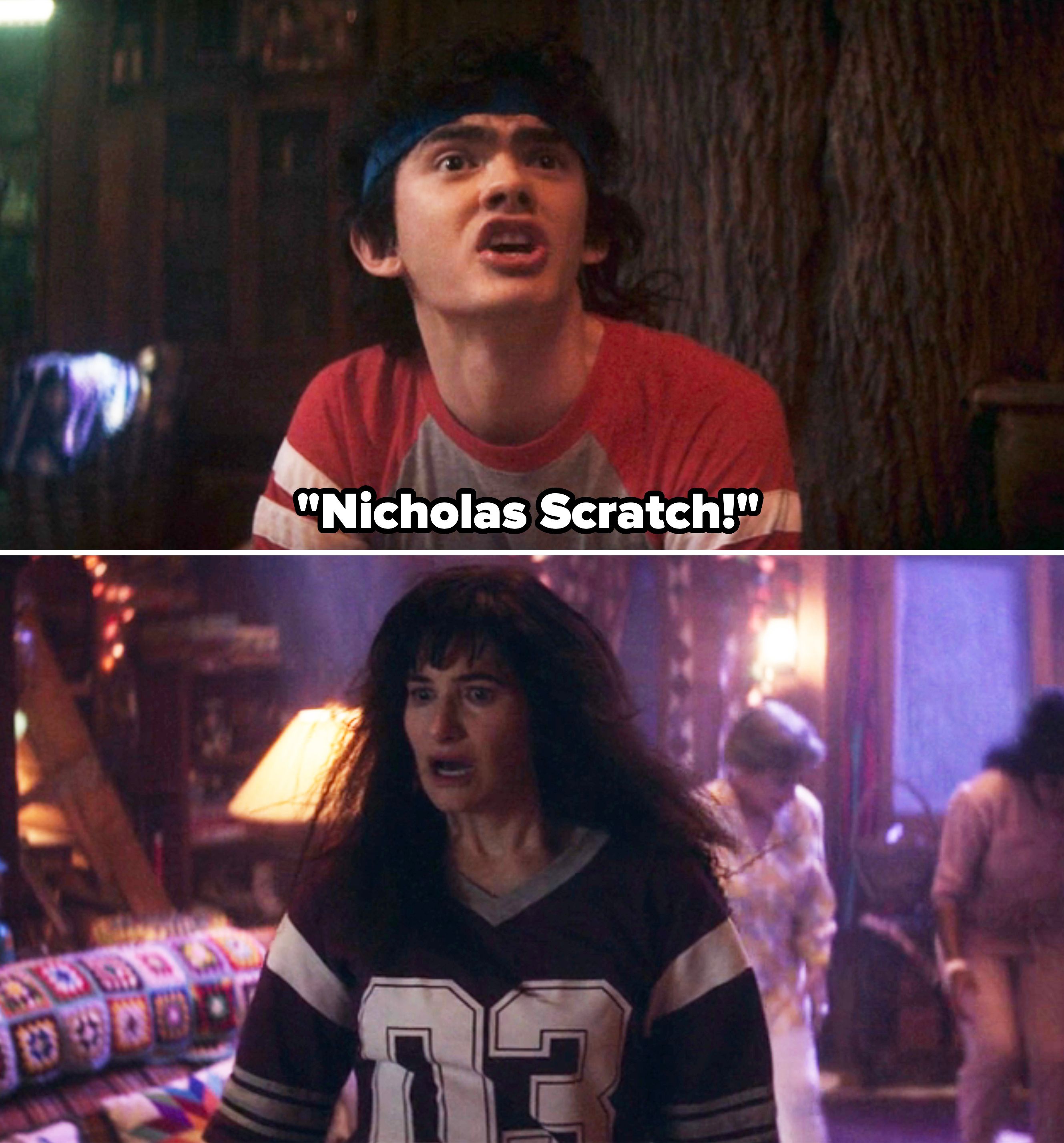 Teen yelling "Nicholas Scratch" while Agatha looks surprised