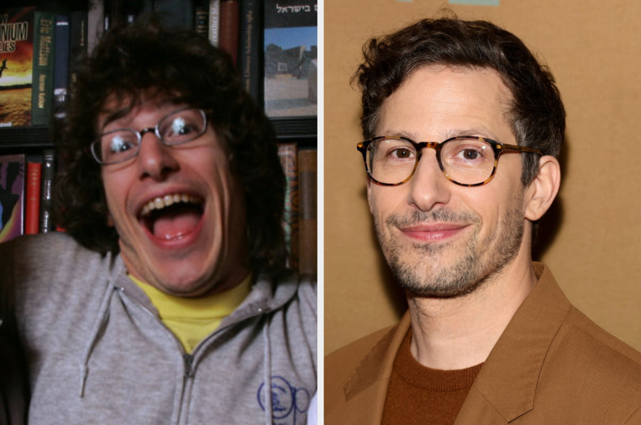 Two side-by-side photos of a man. Left: casual with glasses, smiling widely. Right: formal with glasses, wearing a brown suit jacket