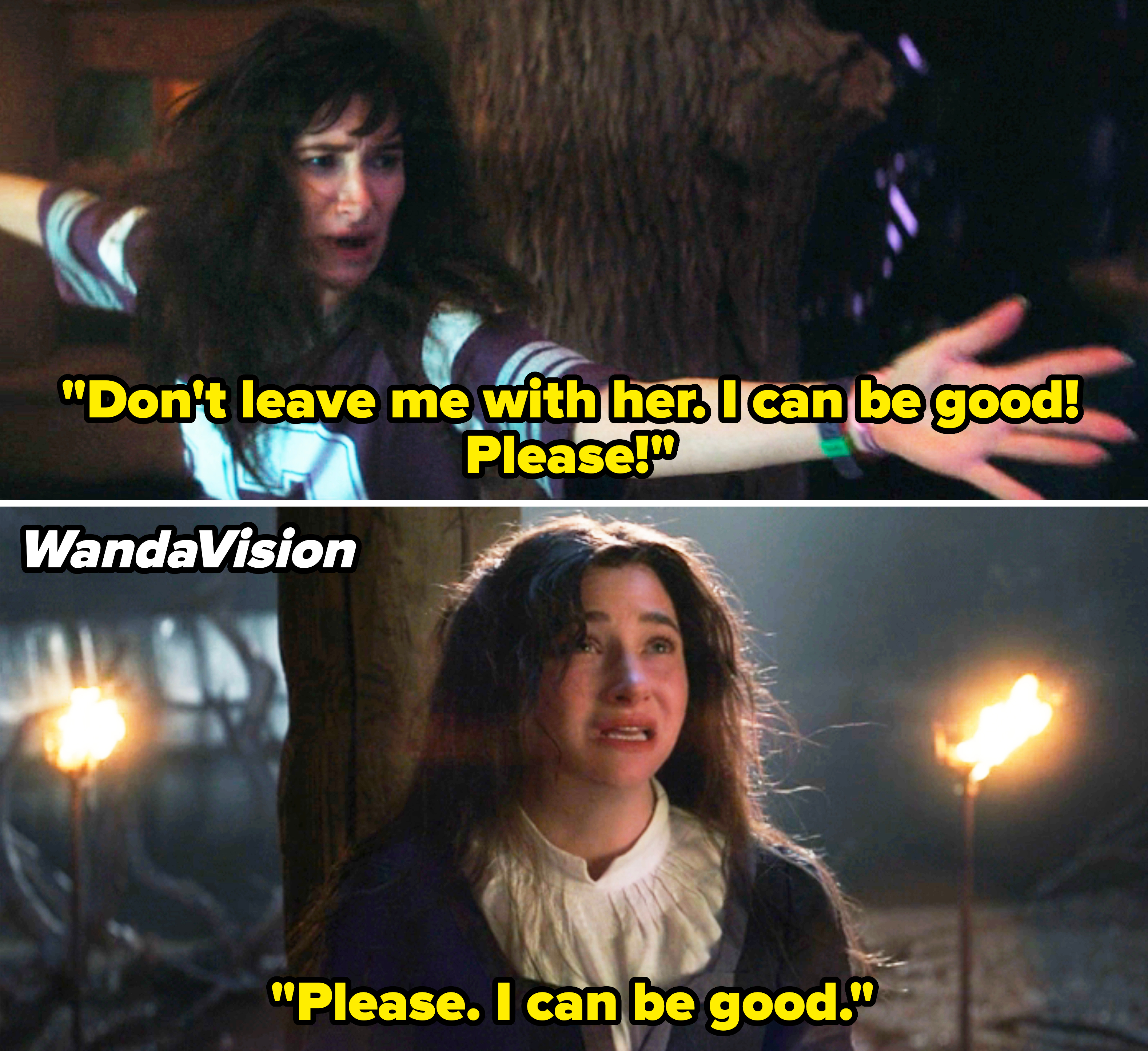 Agatha saying, "I can be good! Please" in both "Agatha All Along" and "WandaVision"