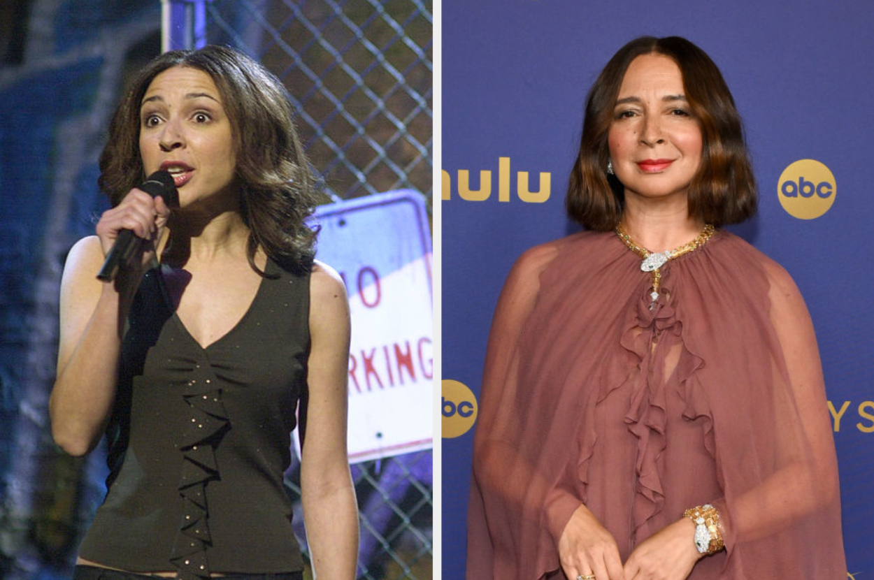 Two images side-by-side of Maya Rudolph: on stage holding a microphone, and at an event in an elegant dress