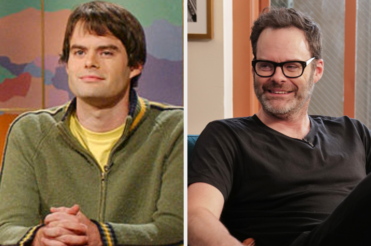 Two photos of a smiling man in different settings: casual jacket on set, black T-shirt in casual indoor scene