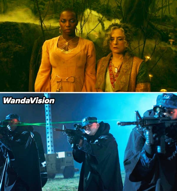 Jen and Lilia with blue eyes looking stunned vs. SWORD agents in WandaVision with red eyes pointing their weapons