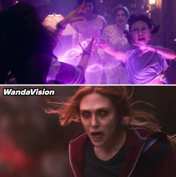 Agatha using her purple powers on Alice vs. a gaunt looking Wanda in WandaVision