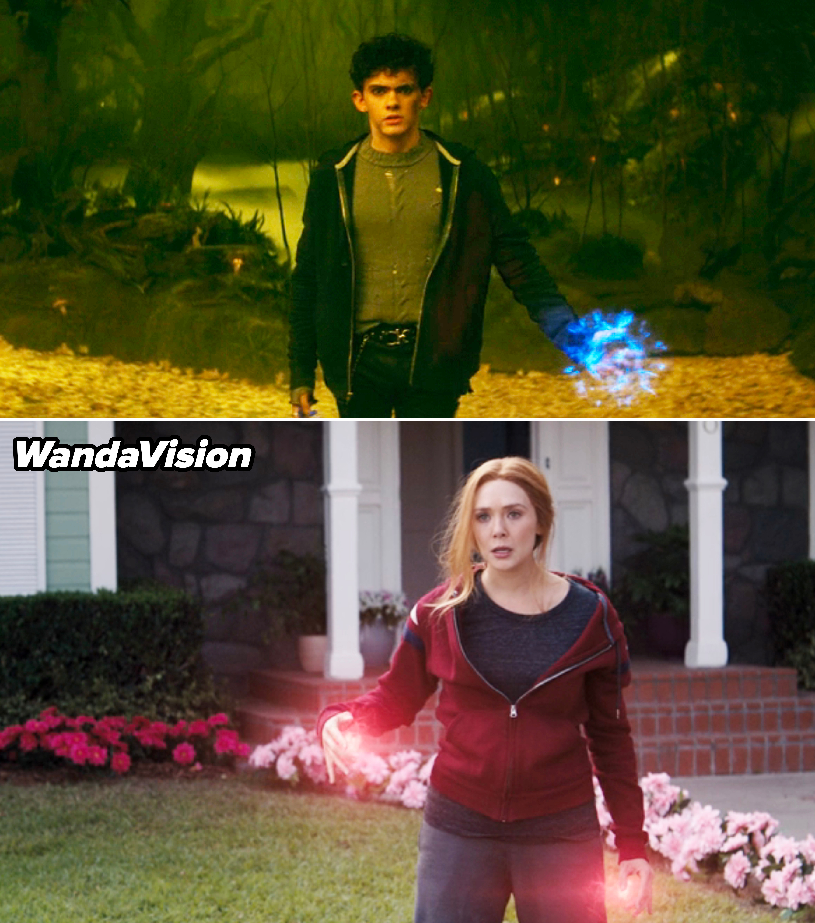 Teen's hands glowing blue vs. Wanda's hands glowing red
