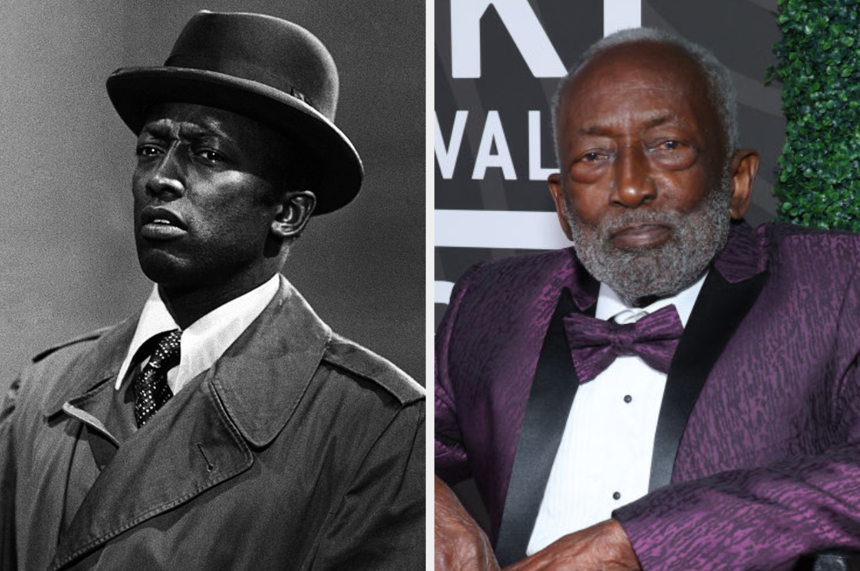 Two photos side-by-side: on the left, a man in a trench coat and hat; on the right, an older man in a suit with a bow tie