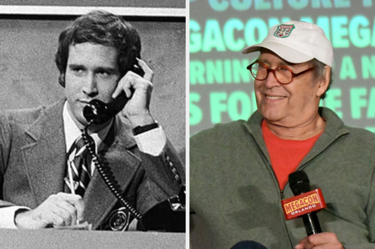 A black-and-white photo shows a man on the phone in a suit next to a modern color image of him in casual clothing holding a microphone