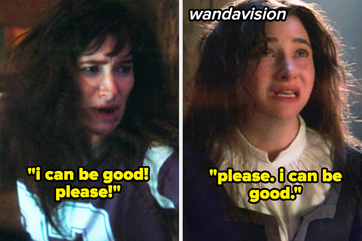 A scene from "Agatha All Along" vs a scene from "WandaVision" that both featuring Agatha saying, "I can be good! Please!"