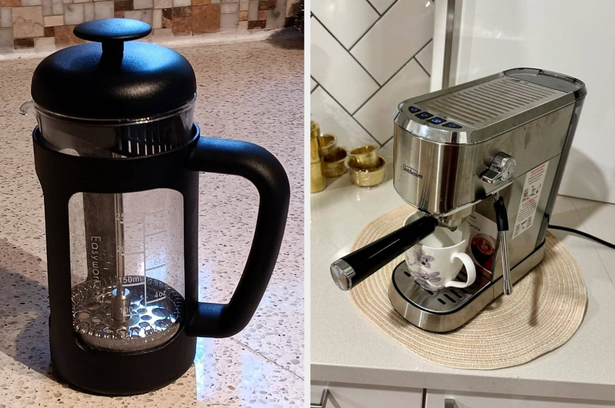 French press and espresso machine on kitchen counters, each equipped for brewing coffee