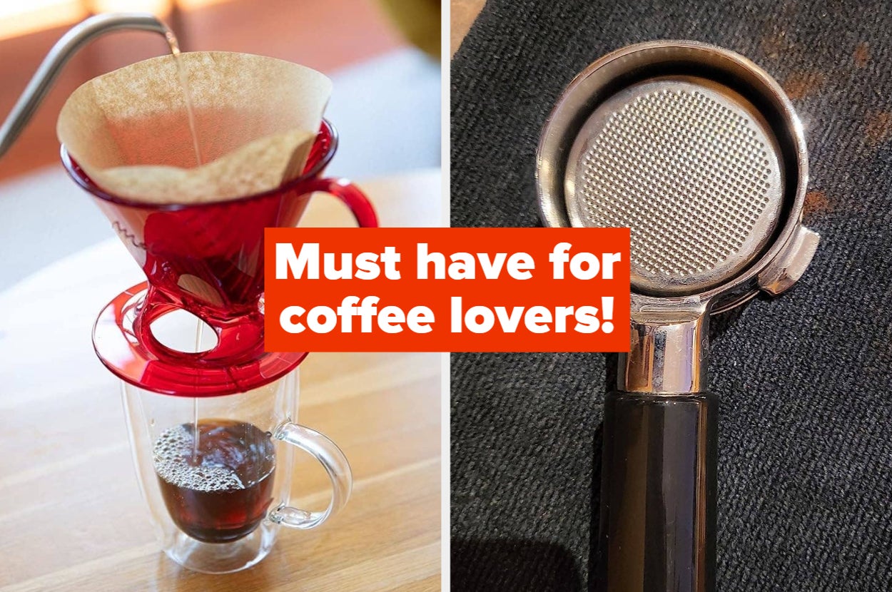 Coffee brewing tools with the text "Must have for coffee lovers!" displayed in the center