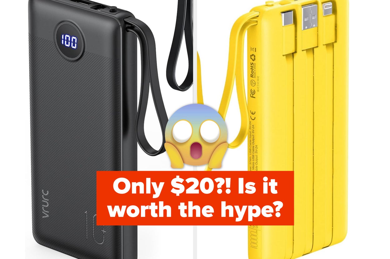 Two power banks, black and yellow, with digital displays and straps. Text: "Only $20?! Is it worth the hype?"