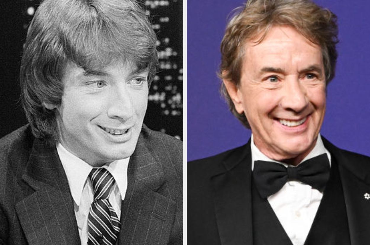 I don&#x27;t know who is in the image. The image shows a side-by-side comparison of the same person, younger on the left in a suit, older on the right in a tuxedo