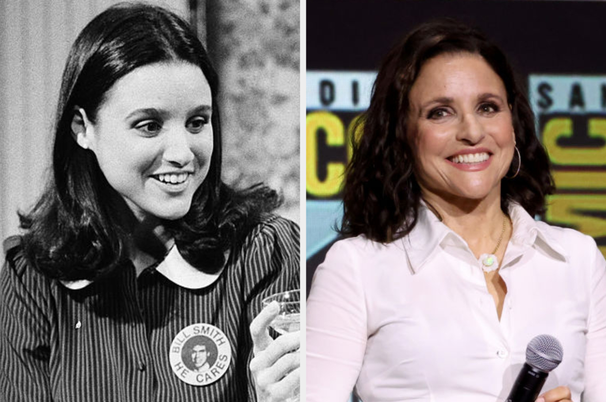 Two side-by-side images of Julia Louis-Dreyfus: one from her earlier career wearing a blazer, and a recent one at an event in a white shirt, smiling