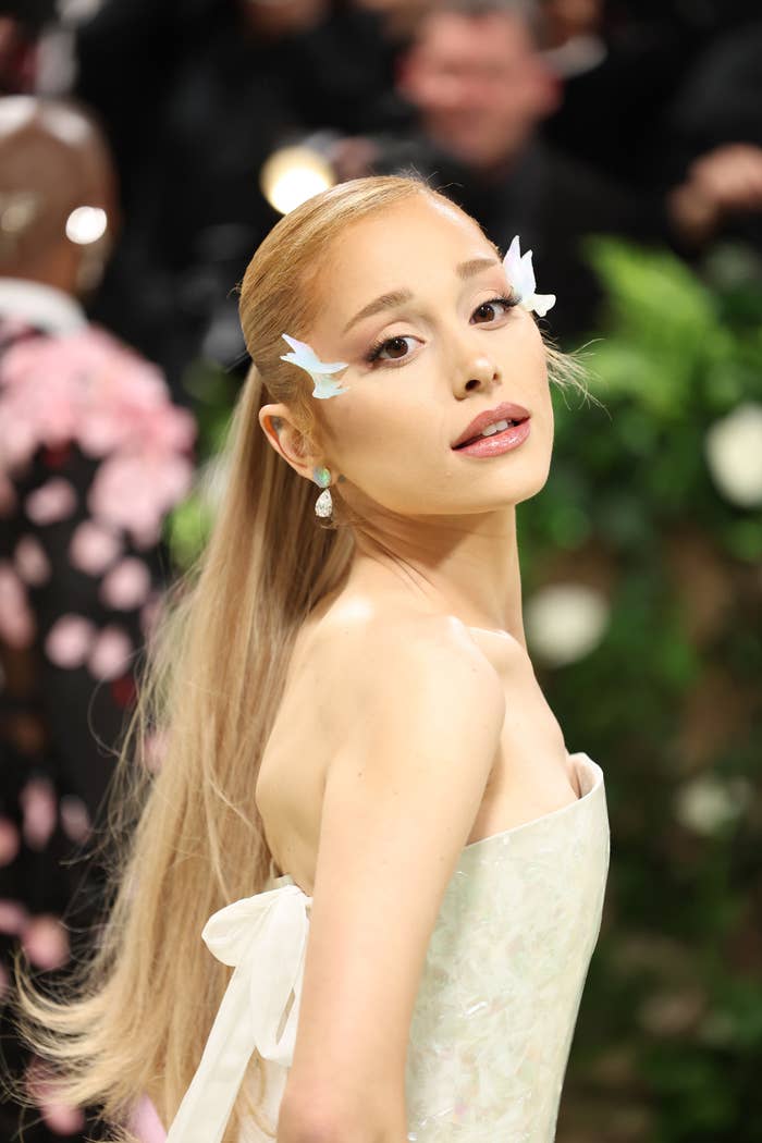 A closeup of Ariana Grande on the red carpet