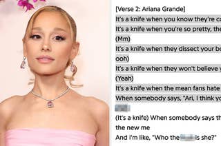 Ariana Grande poses on a red carpet wearing a strapless dress and jewelry. Text excerpts from her song are displayed beside her