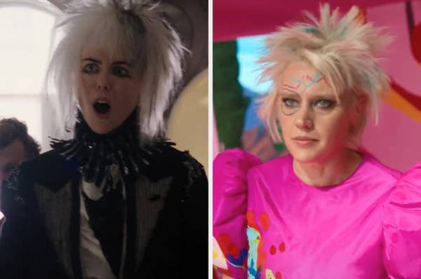 Two scenes of a character with spiky white hair and dramatic makeup, wearing a dark ruffled outfit on the left and a pink top with puffed sleeves on the right