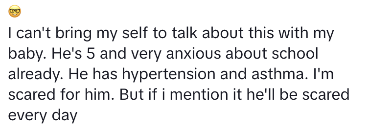 Text expressing a parent's concern about discussing a child's existing health issues like hypertension and asthma, fearing increased anxiety