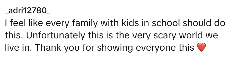 Instagram comment reads: "I feel like every family with kids in school should do this. Unfortunately this is the very scary world we live in."
