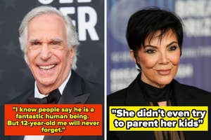 Two images: Left, Henry Winkler smiling man in a suit with text about negatively remembering him; right, a Kris Jenner wearing a turtleneck and jacket with negative text about her parenting