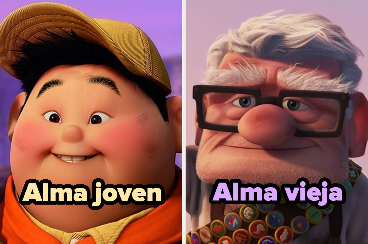 Dos personajes animados de "Up". A la izquierda, joven sonriente; a la derecha, hombre mayor serio. Texto: "Alma joven" y "Alma vieja"