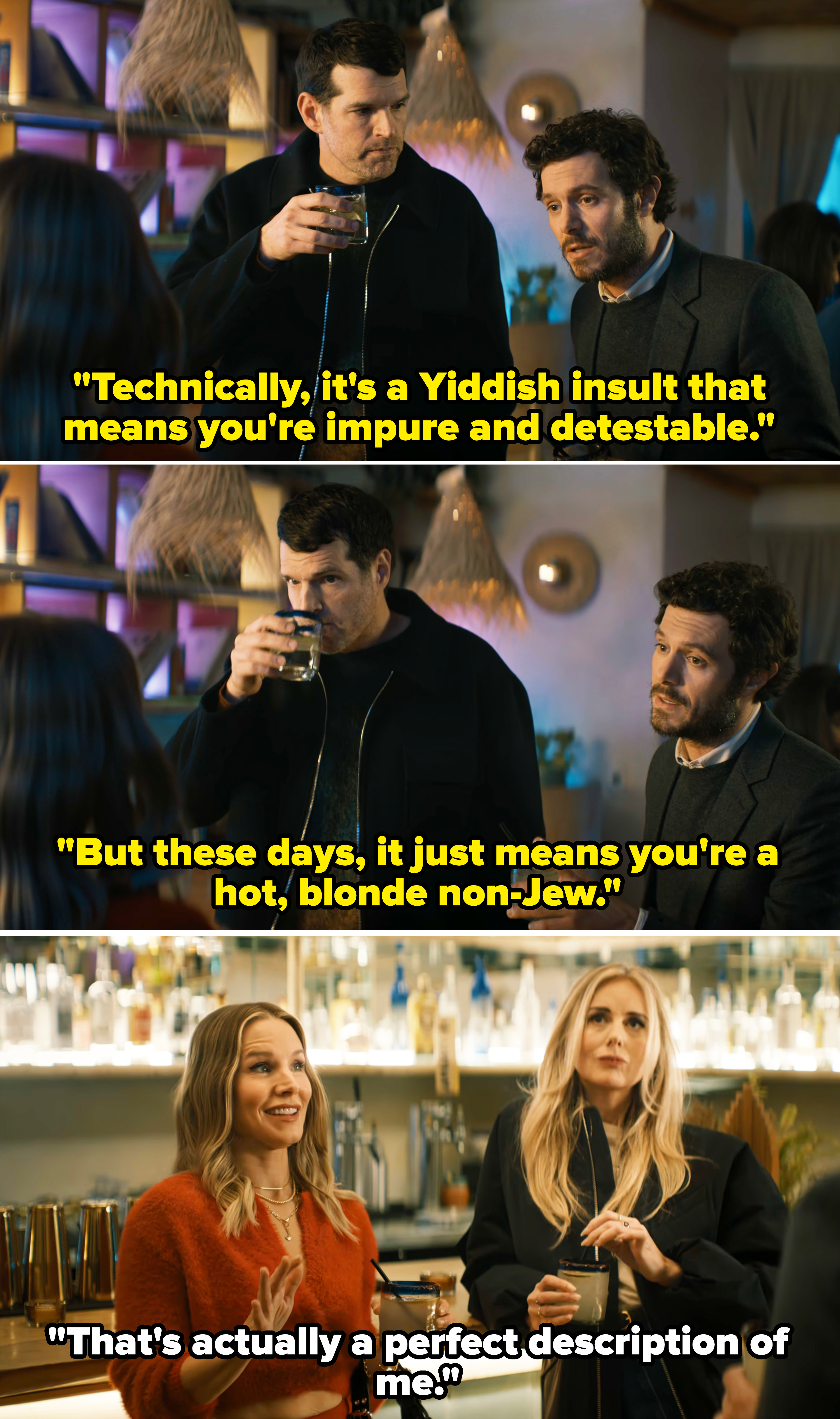 A scene from "Nobody Wants This" where Noah explains what a "Shiska" is and that it means "hot, blonde non-Jew" in his eyes