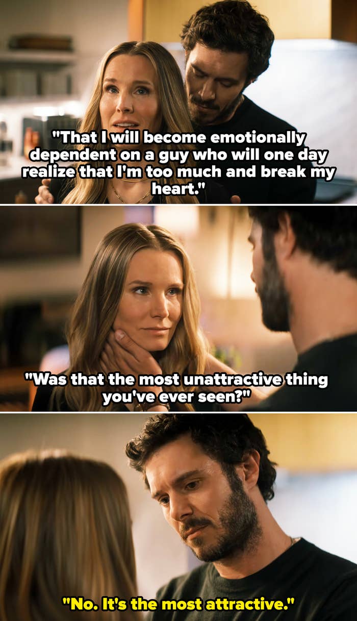 A scene from "Nobody Wants This" with Joanne telling Noah she's scared to let someone love her