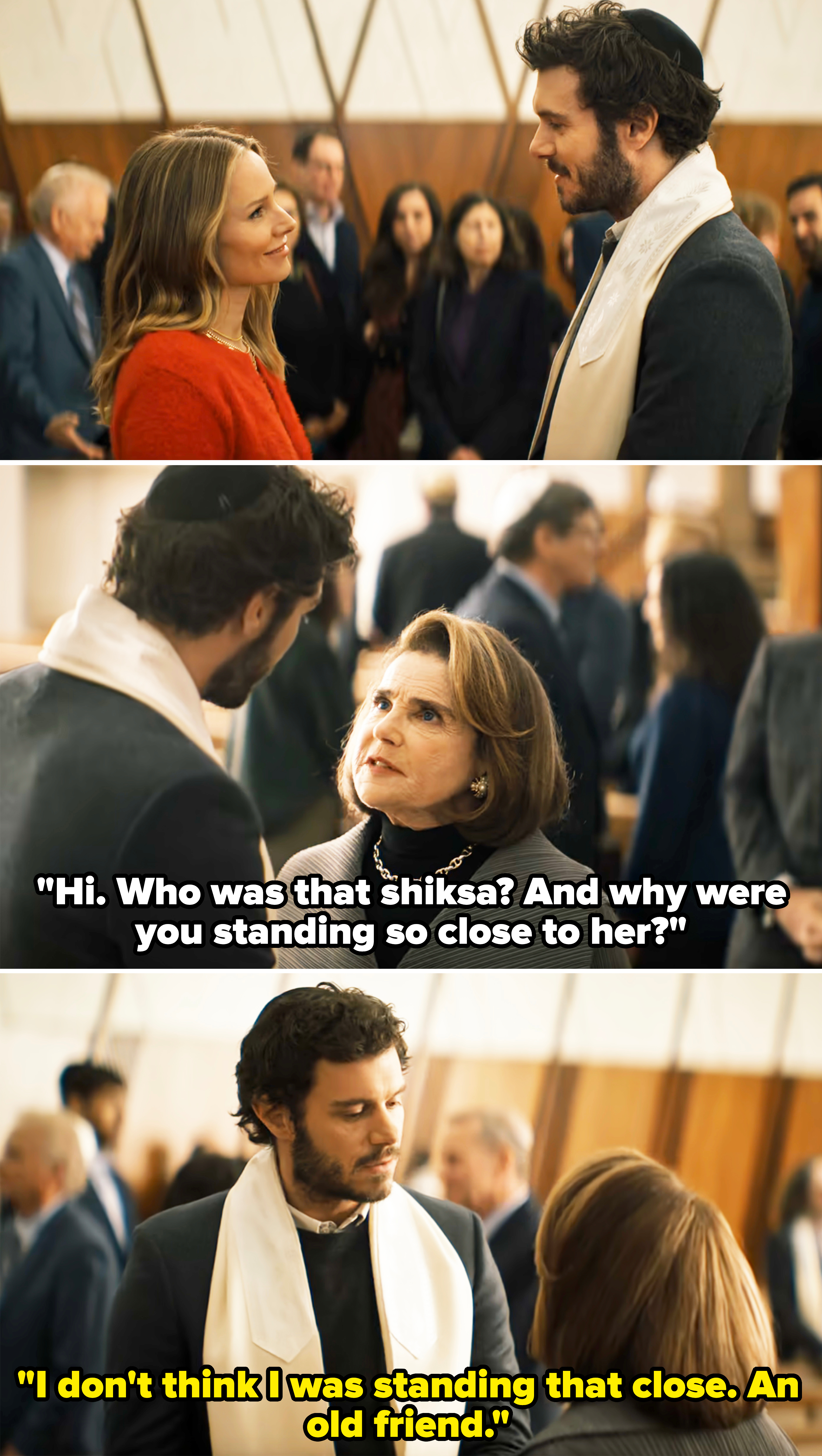 A scene from "Nobody Wants This" where Noah's mom asks who the shiska is he was talking to, referring to Joanne. They are in a temple