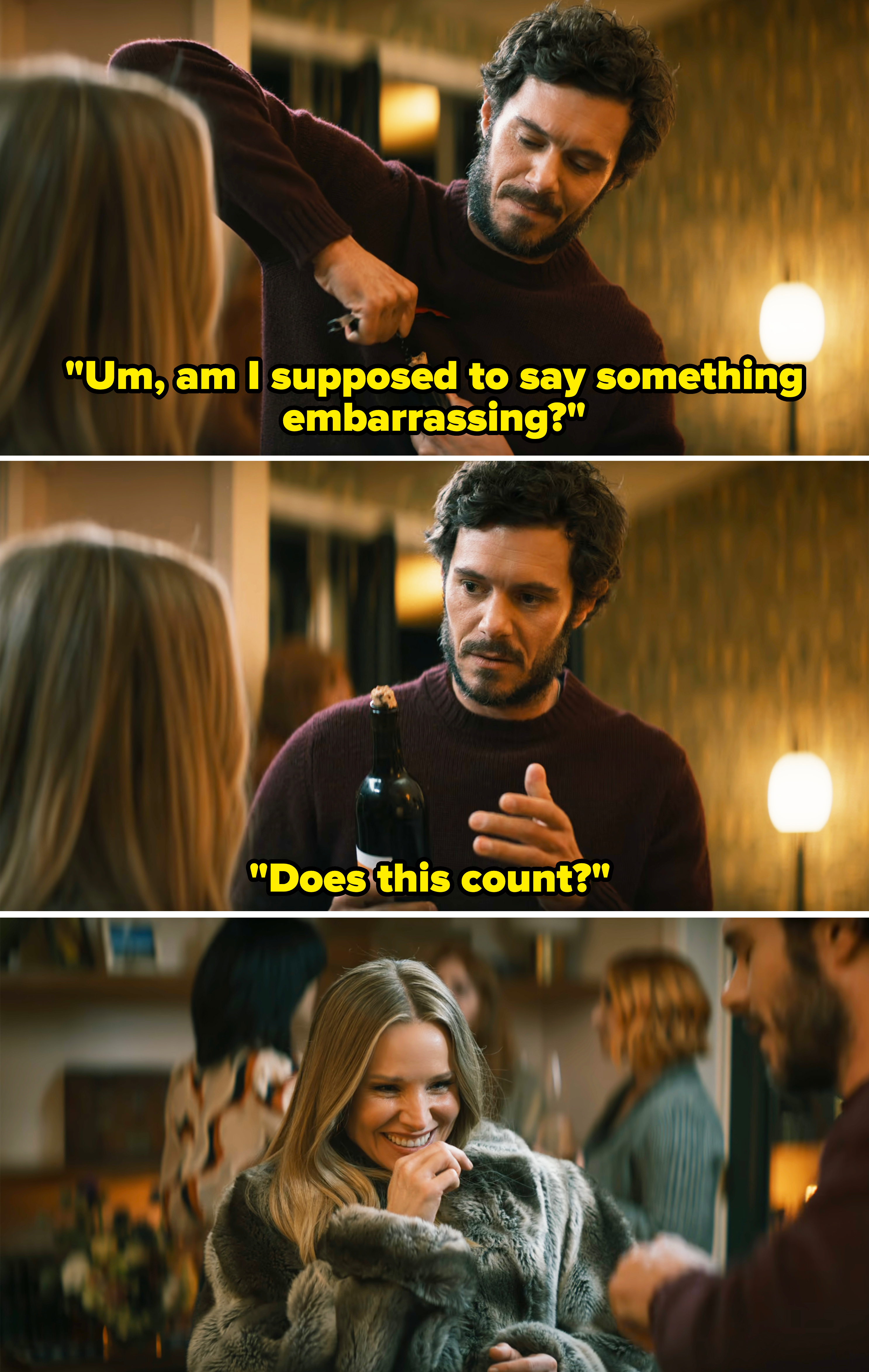 A scene from "Nobody Wants This" with Noah struggling to uncork a bottle of wine, and Joanne laughs