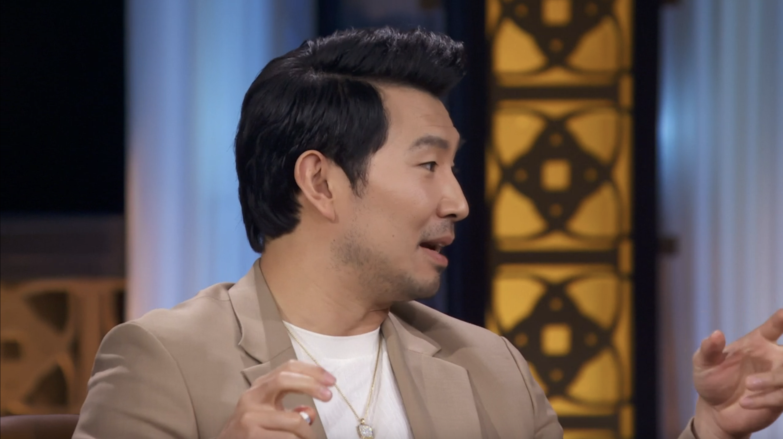 A person is seated and speaking animatedly on a talk show set, wearing a tan blazer and white shirt