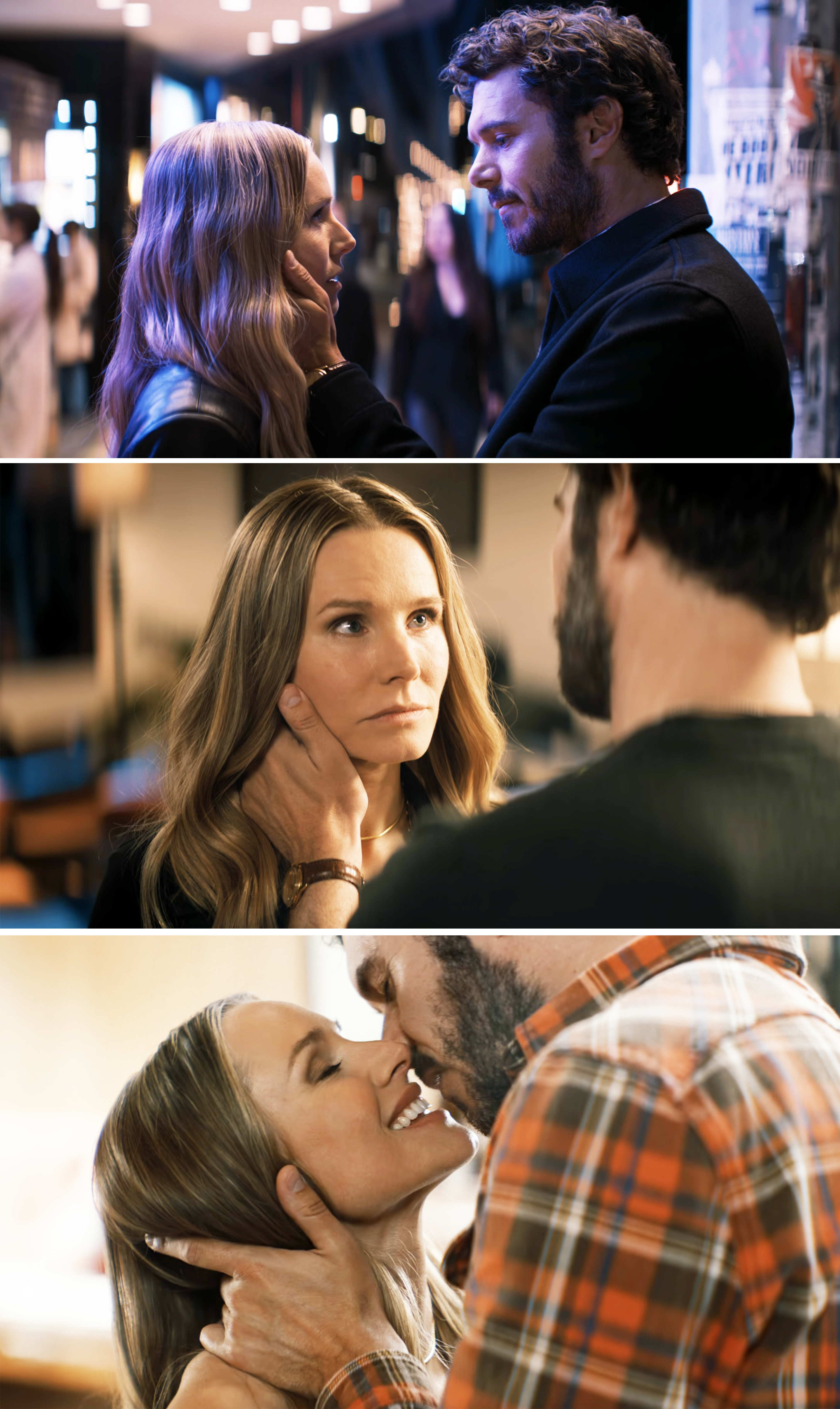 Noah and Joanne share a kiss in three different scenes, with Noah's hand on her cheek