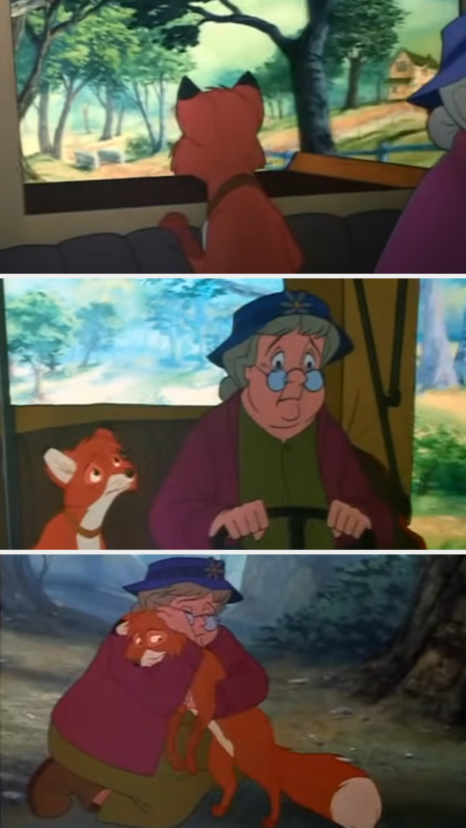 Animated scenes from &quot;The Fox and the Hound&quot; showing the fox being driven away, looking sad with the old lady, then embraced by her in a hug