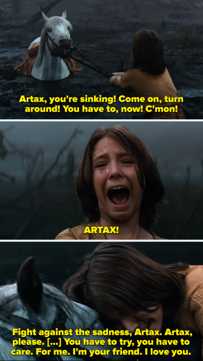 Scene from &quot;The NeverEnding Story&quot;: Atreyu pleads with his horse, Artax, to fight against sinking in the Swamp of Sadness