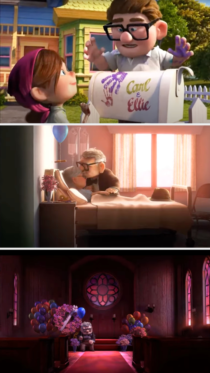 Scenes from Pixar&#x27;s &quot;Up&quot; showing Carl and Ellie: painting a mailbox, Carl at Ellie&#x27;s bedside, and Carl alone in a chapel with balloons at Ellie&#x27;s funeral