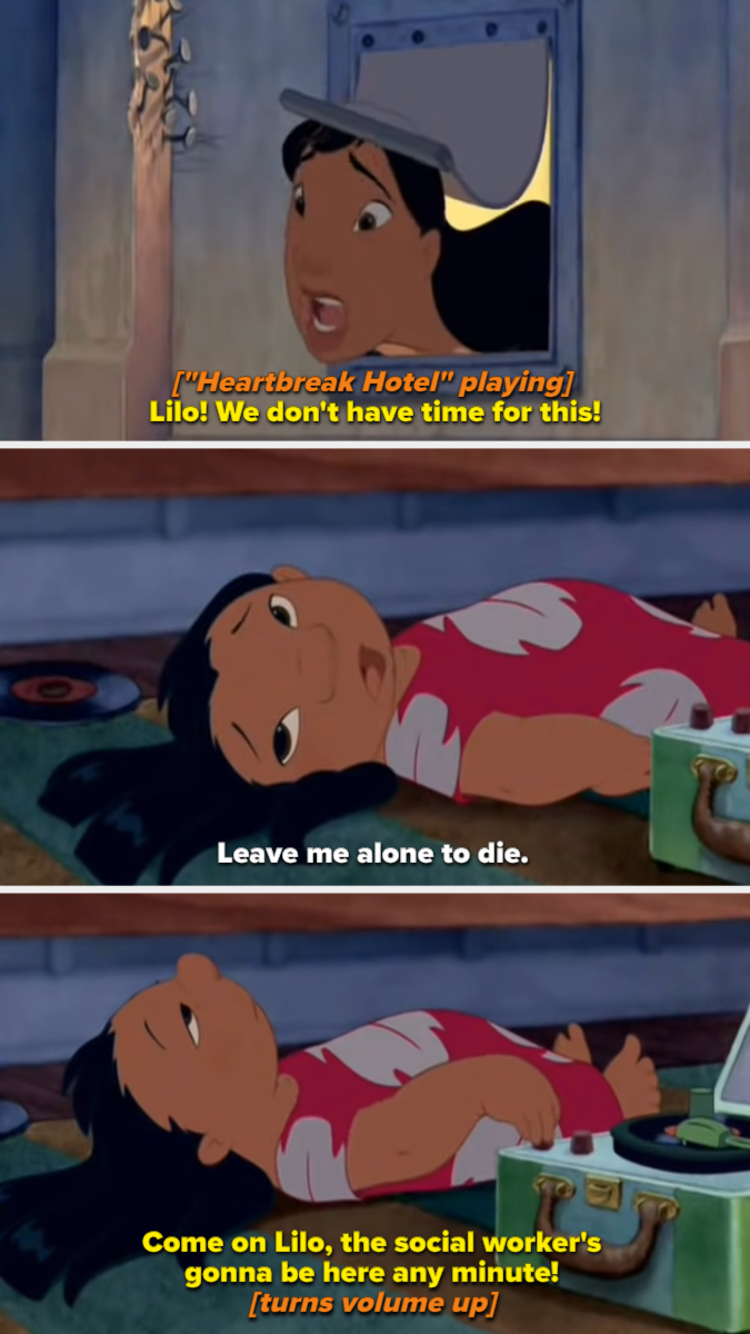 Three scenes of Lilo from &quot;Lilo &amp;amp; Stitch&quot; lying on the floor ignoring pressures to prepare for a social worker&#x27;s visit, with music playing