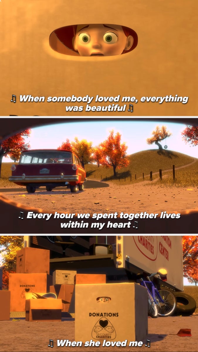 Scenes from &quot;Toy Story 2&quot; featuring Jessie the cowgirl doll in a heartfelt montage about being cherished and then donated. Lyrics shown