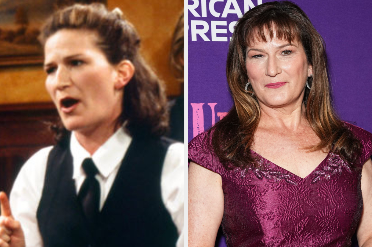 Two photos of the same person: on the left, dressed as a server in a black vest and tie; on the right, in a stylish purple dress at a media event