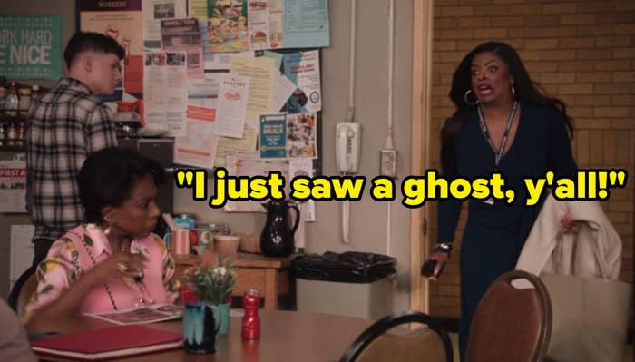 Two people in conversation and Janelle James as Ava Colman entering and saying,