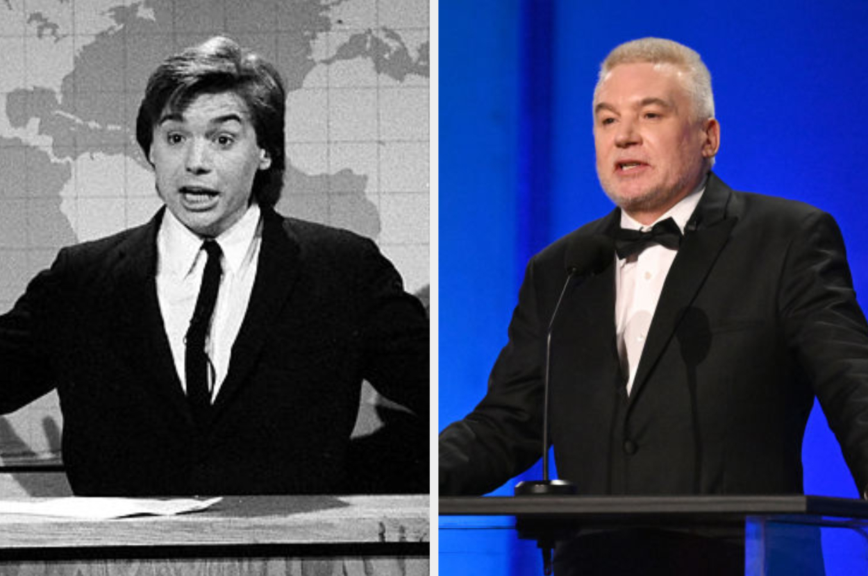 Two side-by-side images of a man. Left: Young man at a news desk, animated expression. Right: Older man in a tuxedo speaking at a podium. Names unavailable