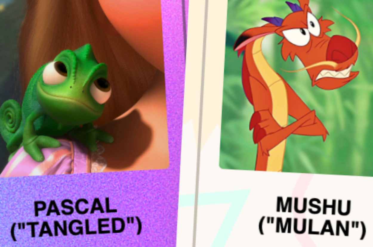 Pascal from "Tangled" and Mushu from "Mulan" are pictured side by side, labeled with their names and film titles