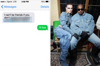 A fake screenshot of an alleged text conversation between Julia Fox and Kanye West vs Julia Fox and Kanye West sit together in denim outfits