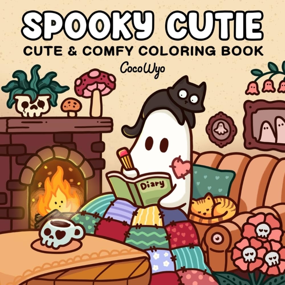 Ghost speechmaking  a diary by a fireplace, surrounded by cozy decor, successful  a coloring publication  titled 