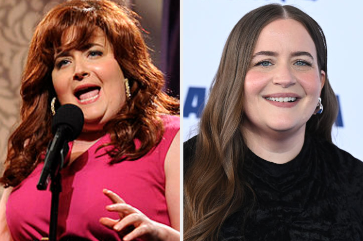 Two women at a media event. Left: Woman with long, wavy hair in a sleeveless top singing with a microphone. Right: Woman with long hair smiling, wearing a black top