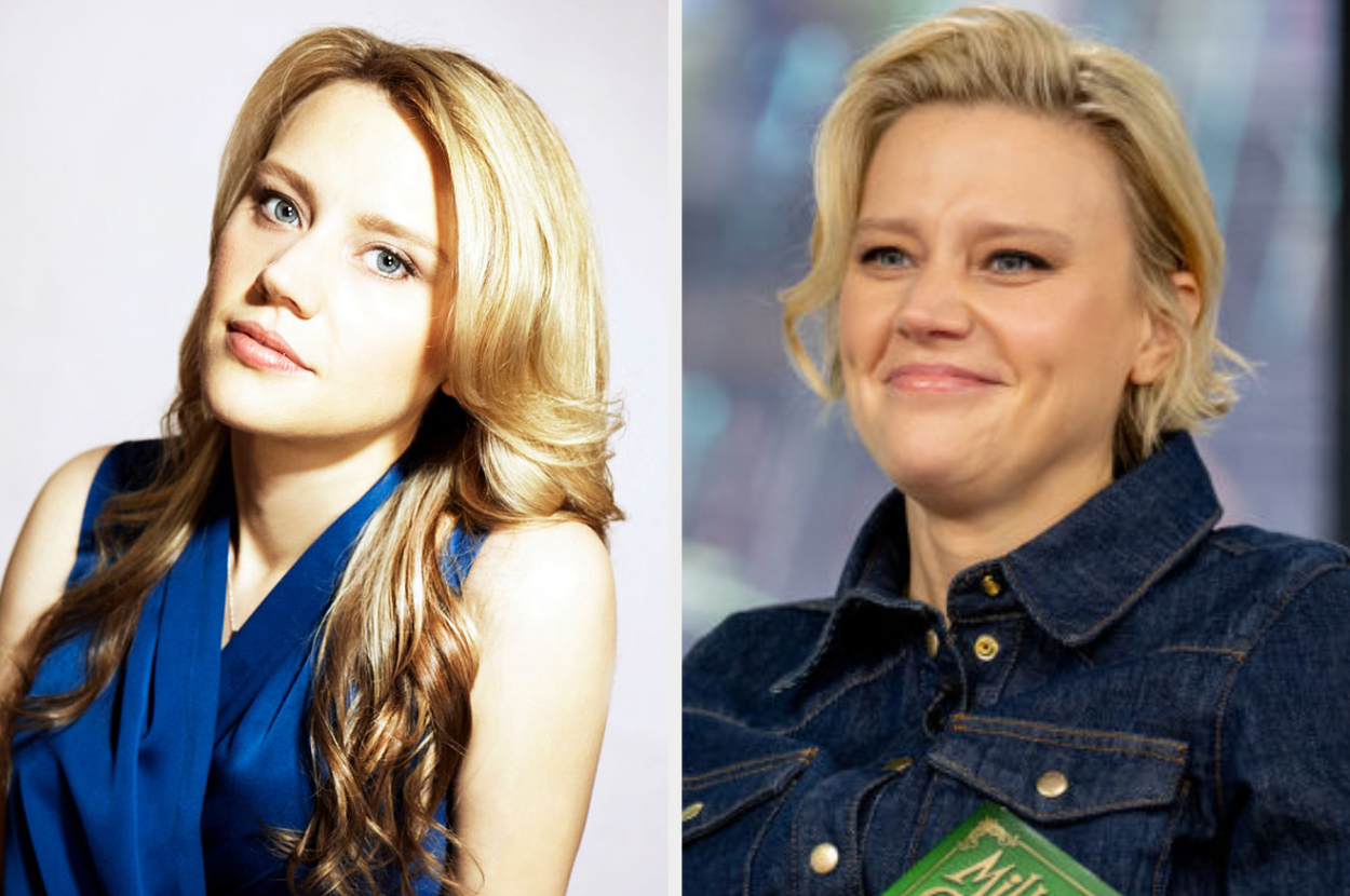 Two side-by-side images of the same woman. Left: In a blue top, long hair. Right: In a denim jacket, short hair