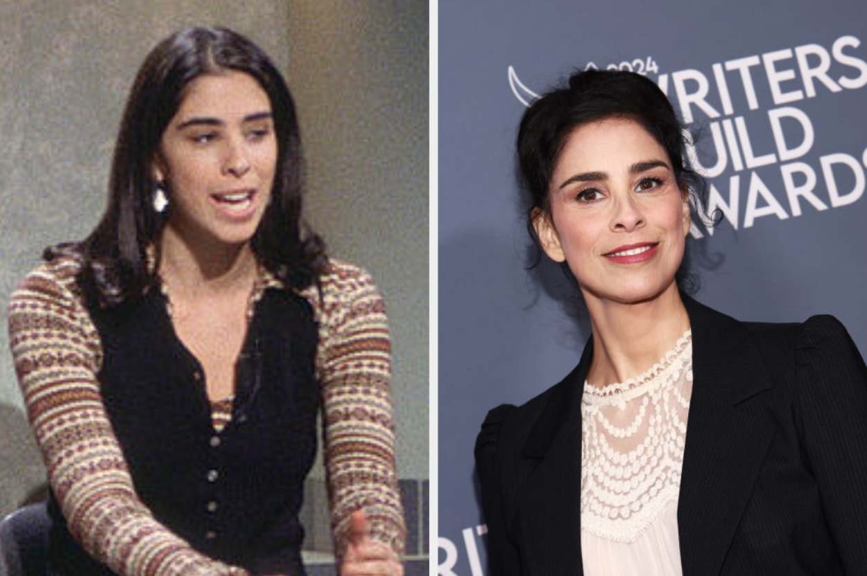 Two images of a woman with dark hair. On the left, she&#x27;s wearing a striped top and vest; on the right, a black outfit with lace detail