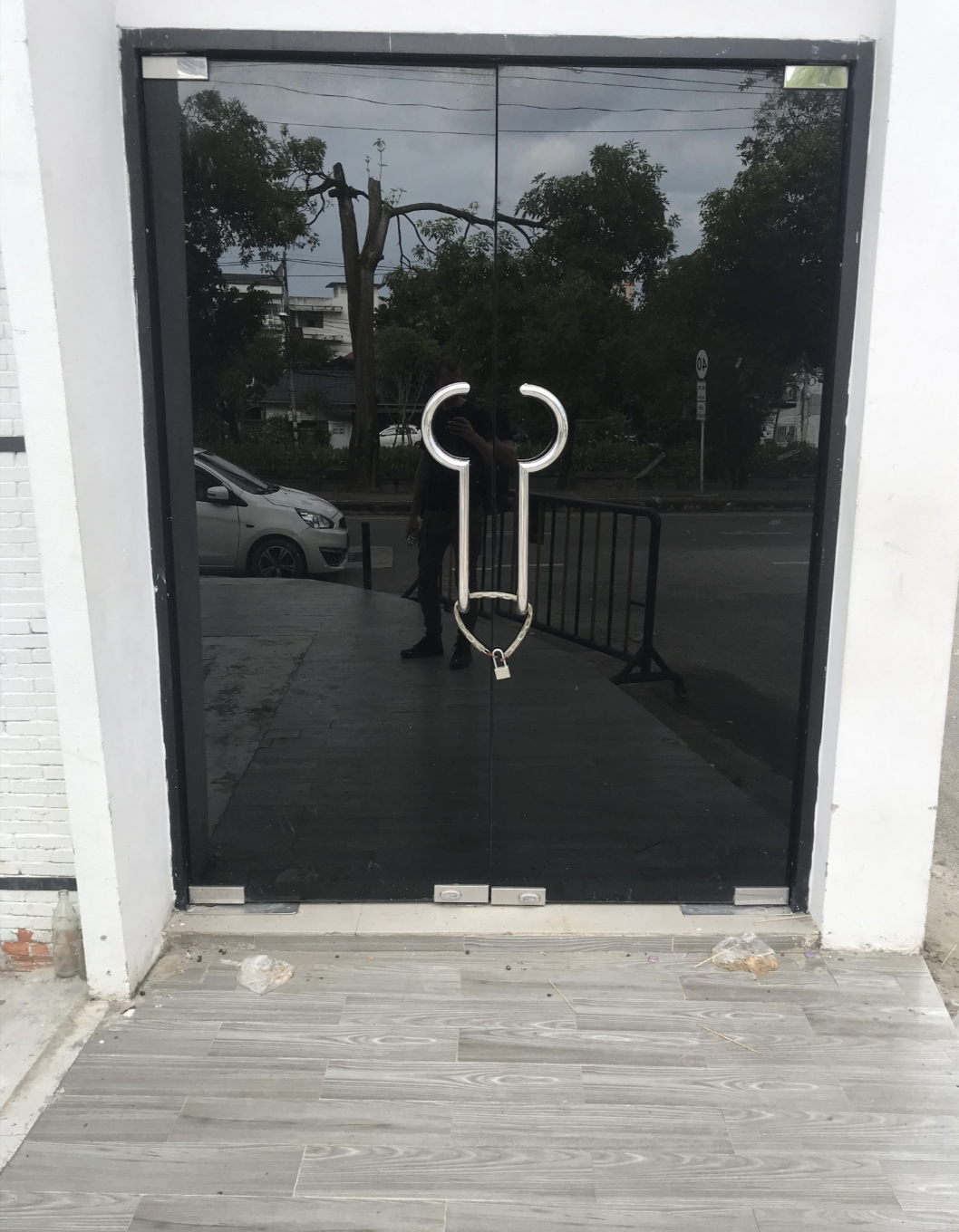 A glass door with a handle shaped like a whimsical outline of a phallic symbol, set against a street view